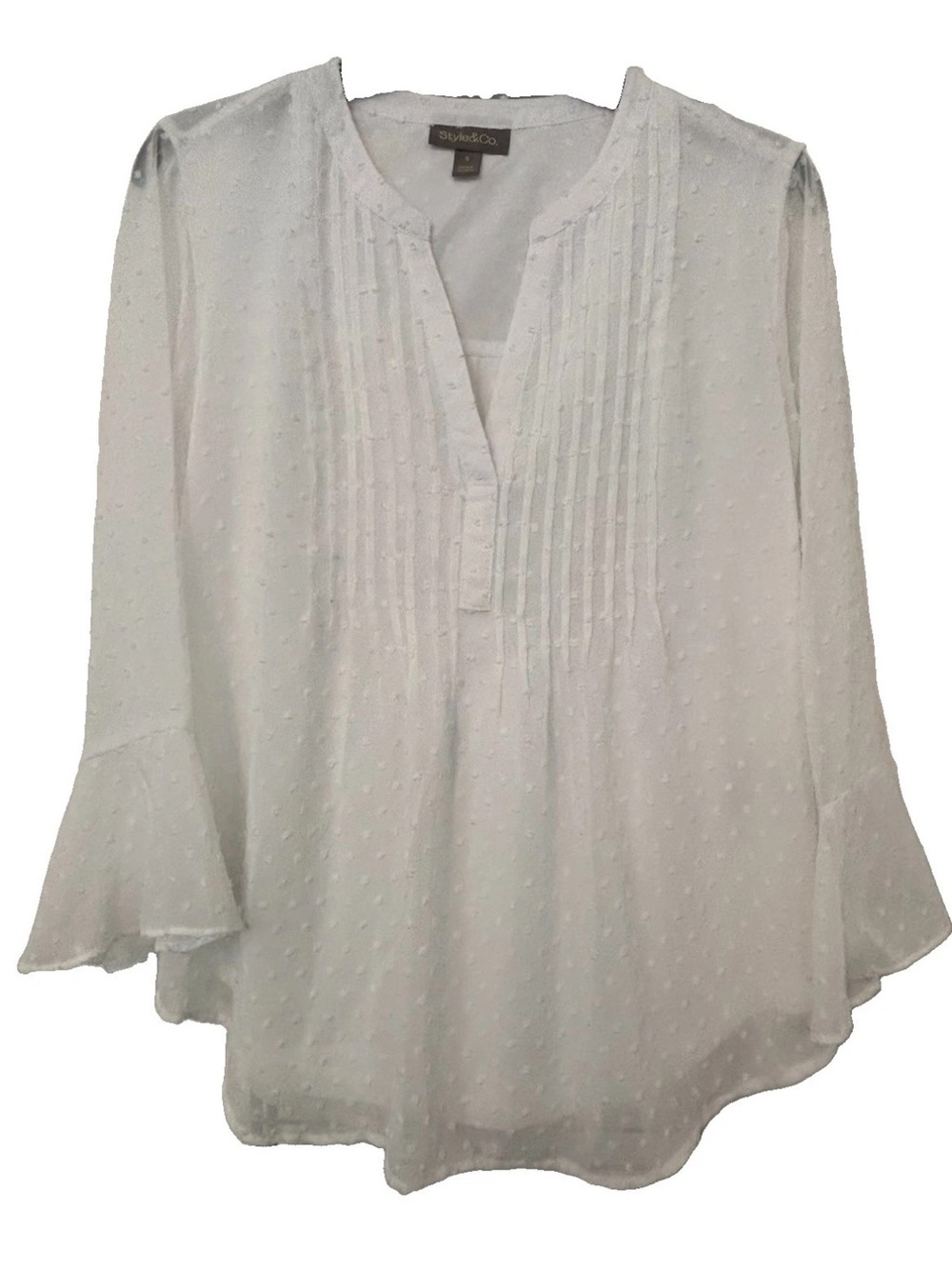 Style & Co. White Pintuck Split-Neck Peasant Blouse Lined Flare Sleeves